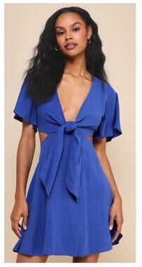 Lulus Dress Womens Medium Perfect Day for Love Linen Blend Cutout Tie-Front Mini